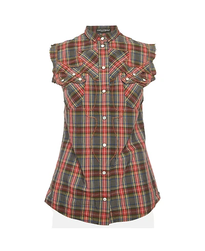 Pre-Owned Dolce & Gabbana Plaid Cotton Pearl Snap Button Detail Sleeveless Shirt