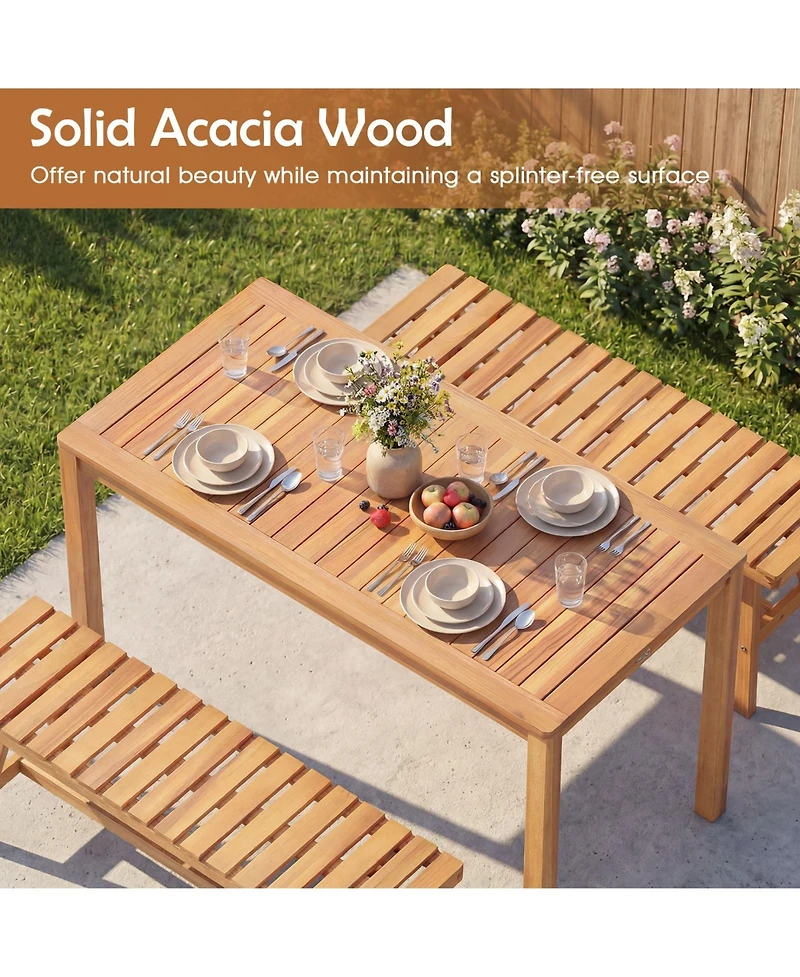 Gymax Outdoor Acacia Wood Dining Table with Slatted Tabletop for Garden Balcony Deck