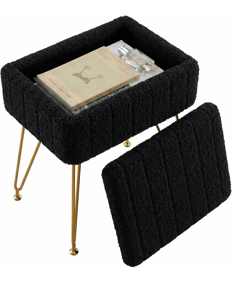 gaomon Vanity Stool with Storage, Faux Fur Ottoman with Metal Legs and Anti-Slip Feet