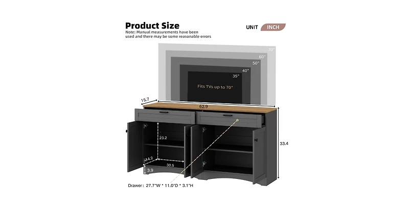 Flynama Farmhouse Multi-functional Tv Console with Drawers Adjustable Storage Sideboard