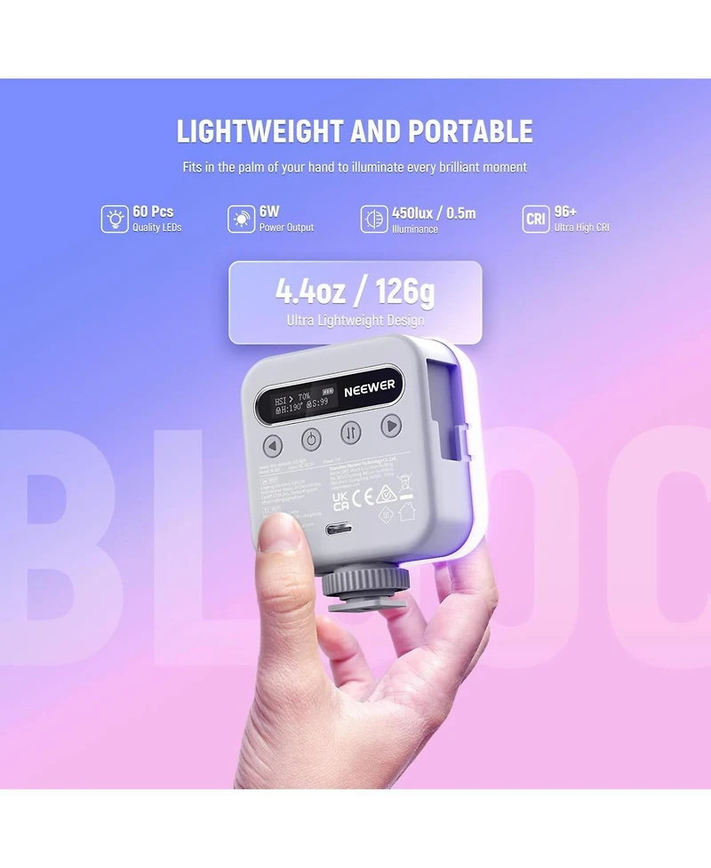 Neewer Magnetic 360degree(s) Rgb Mini Led Video Light, CRI96+ 2500-9000K, 18 Scenes, 2000mAh Battery, 3 Cold Shoes & 1/4" Thread