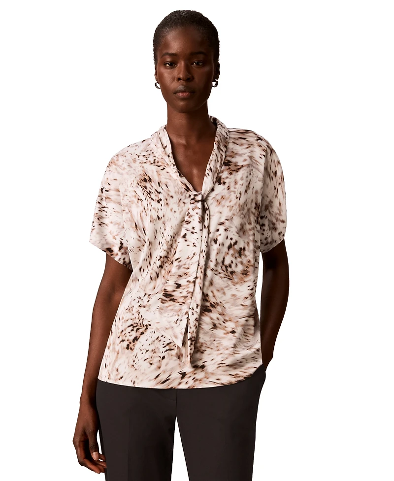 Calvin Klein Women's Printed Flat Satin Tie-Neck Blouse