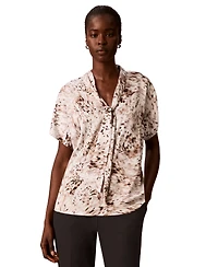 Calvin Klein Women's Printed Flat Satin Tie-Neck Blouse