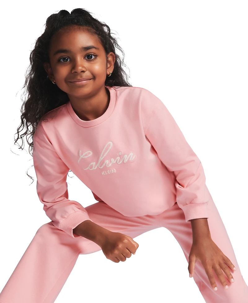 Calvin Klein Girls' 2T-6X Crewneck Sweatshirt and Pants, 2-Piece Set