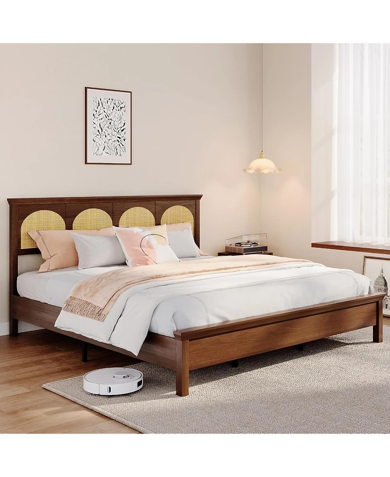 gaomon King Size Rattan Bed Frame - Boho Wooden Platform Bed with Natural Rattan Headboard, Silent Slats, No Box Spring Needed, Easy Assembly