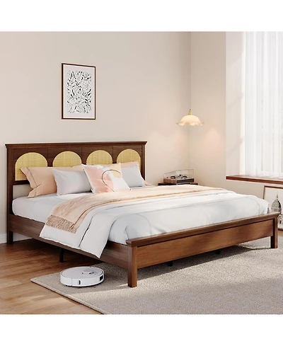 gaomon King Size Rattan Bed Frame - Boho Wooden Platform Bed with Natural Rattan Headboard, Silent Slats, No Box Spring Needed, Easy Assembly