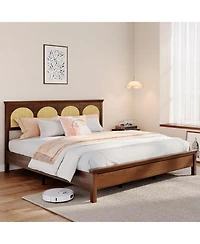 gaomon King Size Rattan Bed Frame - Boho Wooden Platform Bed with Natural Rattan Headboard, Silent Slats, No Box Spring Needed, Easy Assembly
