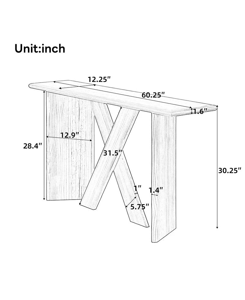 Rainsken 60" Sofa Console Table, with X Frame, Rounded Tabletop Edges, Minimalist Modern Display Shelf, for Entryway, Living Room or Hallway