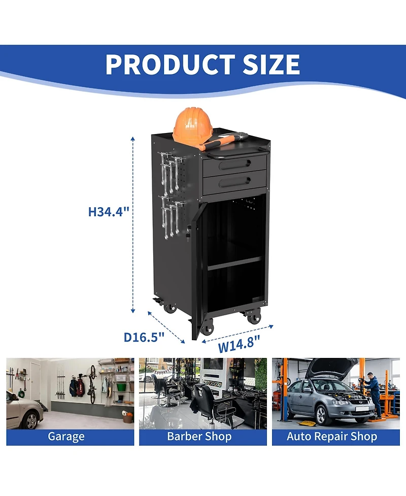 Viyet 34" Slim Rolling Tool Cabinet - Space-Saving Narrow Storage with Lockable Door and 2 Drawers