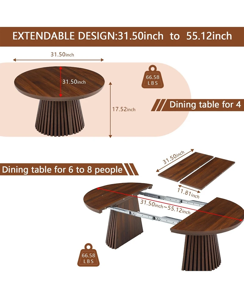 Rainsken 31.50" to 55.12" Extendable Oval Dining Table, Farmhouse Kitchen Table, with Slatted Table Legs, for Dining Room Kitchen Living Room