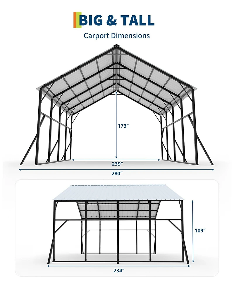 homfan 20 x 20 Ft Vertical Roof Metal Carport, Heavy Duty Galvanized Steel Car Garage with Iron Frame, Vehicle Shelter for Cars Trucks