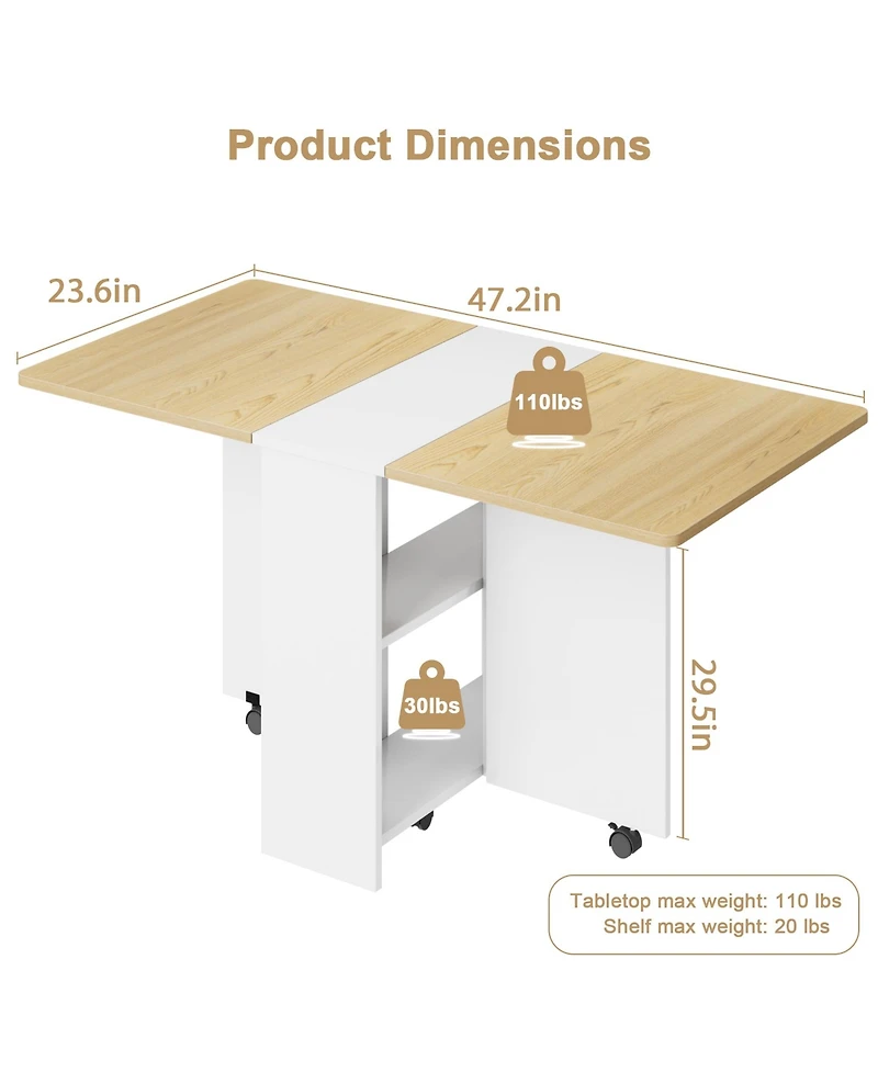 homfan Folding Drop Leaf Dining Table with 2-Tier Storage, 6 Wheels, Space-Saving Kitchen Table for Dining Room and Home Office