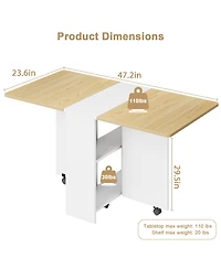 homfan Folding Drop Leaf Dining Table with 2-Tier Storage, 6 Wheels, Space-Saving Kitchen Table for Dining Room and Home Office
