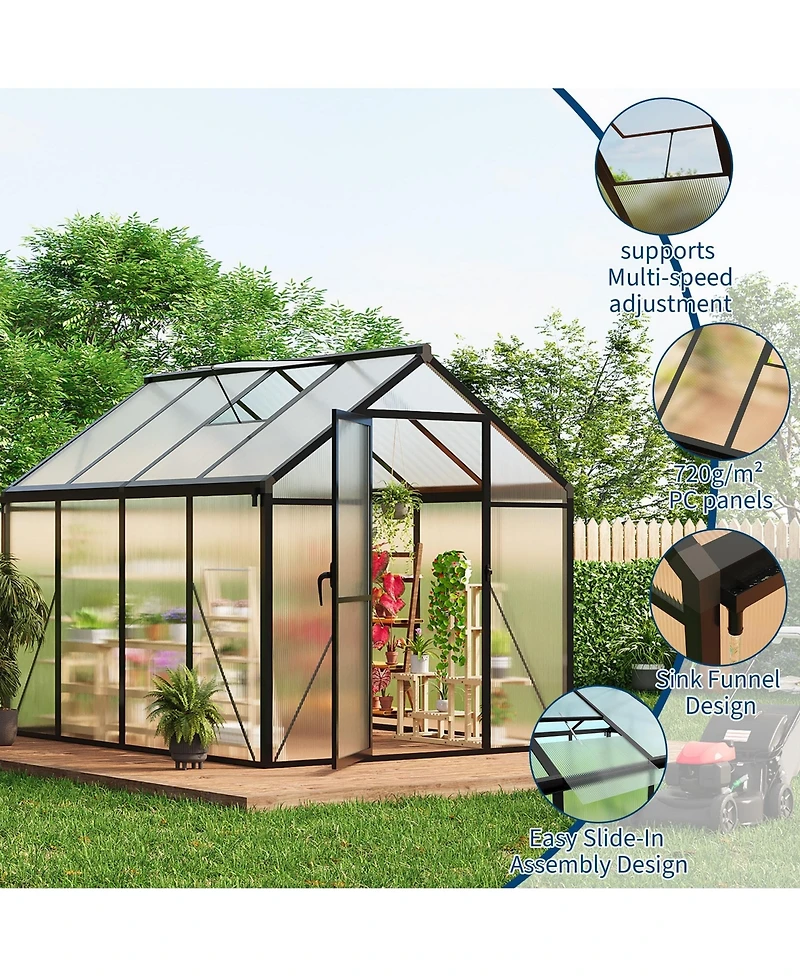 Homfan 8 x 6 Ft Aluminum Frame Greenhouse with Pc Panels, Outdoor Plant Growing Tent with Hinged Door and Vents