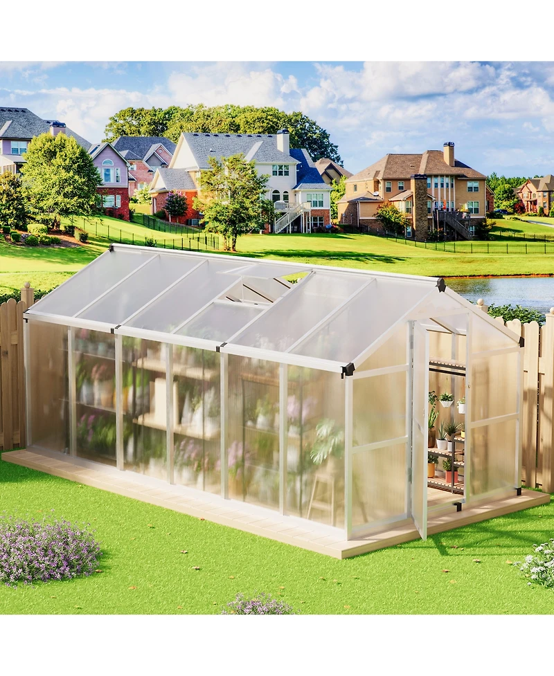 homfan 8W x 12D x 6.5H feet Aluminum Frame Polycarbonate Sun Room with Single Door, Outdoor Patio Greenhouse for Backyard Garden Deck
