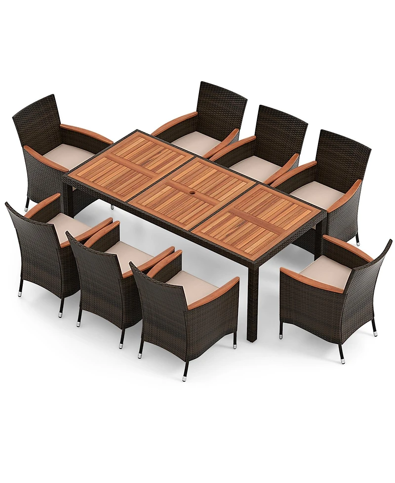 Gymax 9 Piece Wicker Dining Set Acacia Wood Table Top Umbrella Hole Cushions Chairs Patio