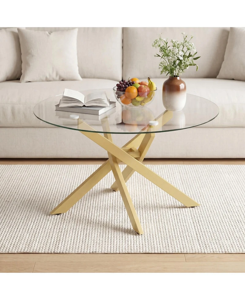 Slickblue Clear Round Coffee Table with Tempered Glass Top for Modern Living Room