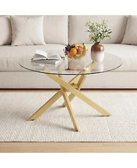 Slickblue Clear Round Coffee Table with Tempered Glass Top for Modern Living Room