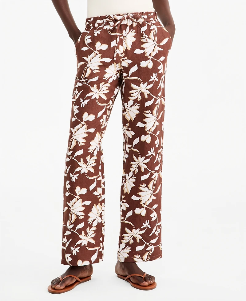Charter Club Petite Floral-Print Wide-Leg Drawstring Linen Pants, Macy's Exclusive