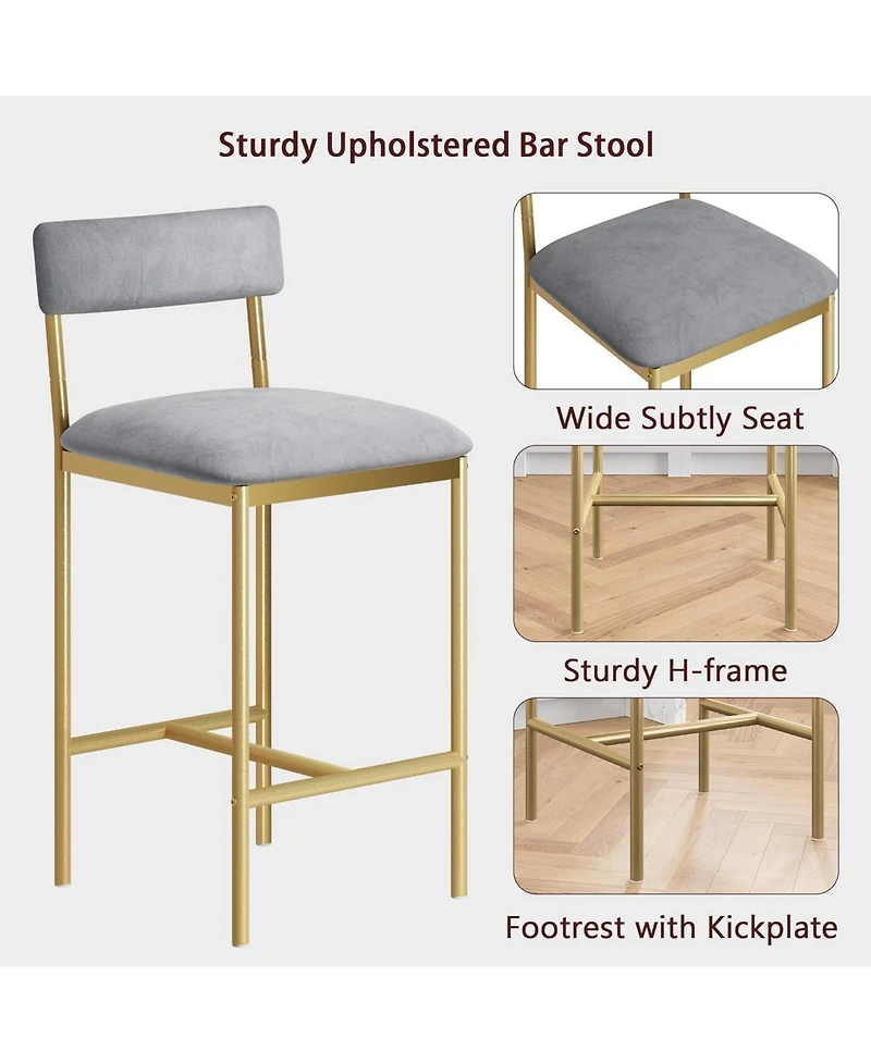 homfan Set of 6 25.5 Inch Counter Height Bar Stools with Velvet Cushion Seat and Gold Metal Frame