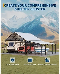 homfan 12 x 20 Ft Iron High-Low Carport Canopy with Steel Roof, Heavy Duty Outdoor Vehicle Shelter for Cars Trucks