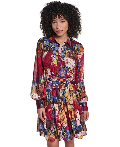 Karl Lagerfeld Paris Women's Printed Metallic Chiffon Shirtdress
