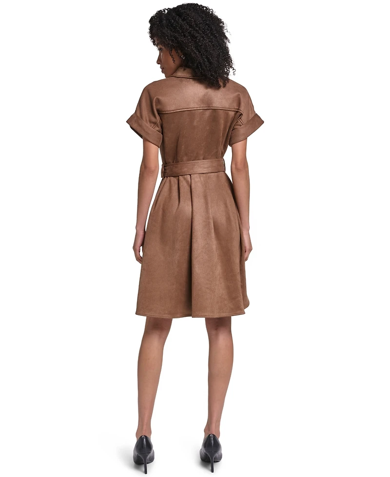 Karl Lagerfeld Paris Women's Faux Suede Belted Shirtdress