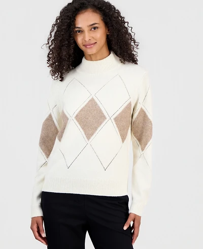 T Tahari Women's Mock Neck Pointelle Argyle Pullover