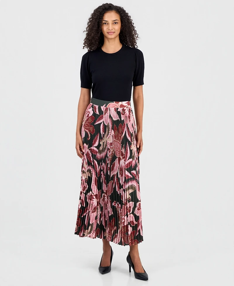 T Tahari Women's Pleated Floral A-Line Skirt