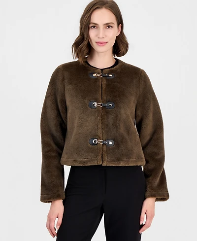 T Tahari Women's Cropped Buckled Faux Fur Coat