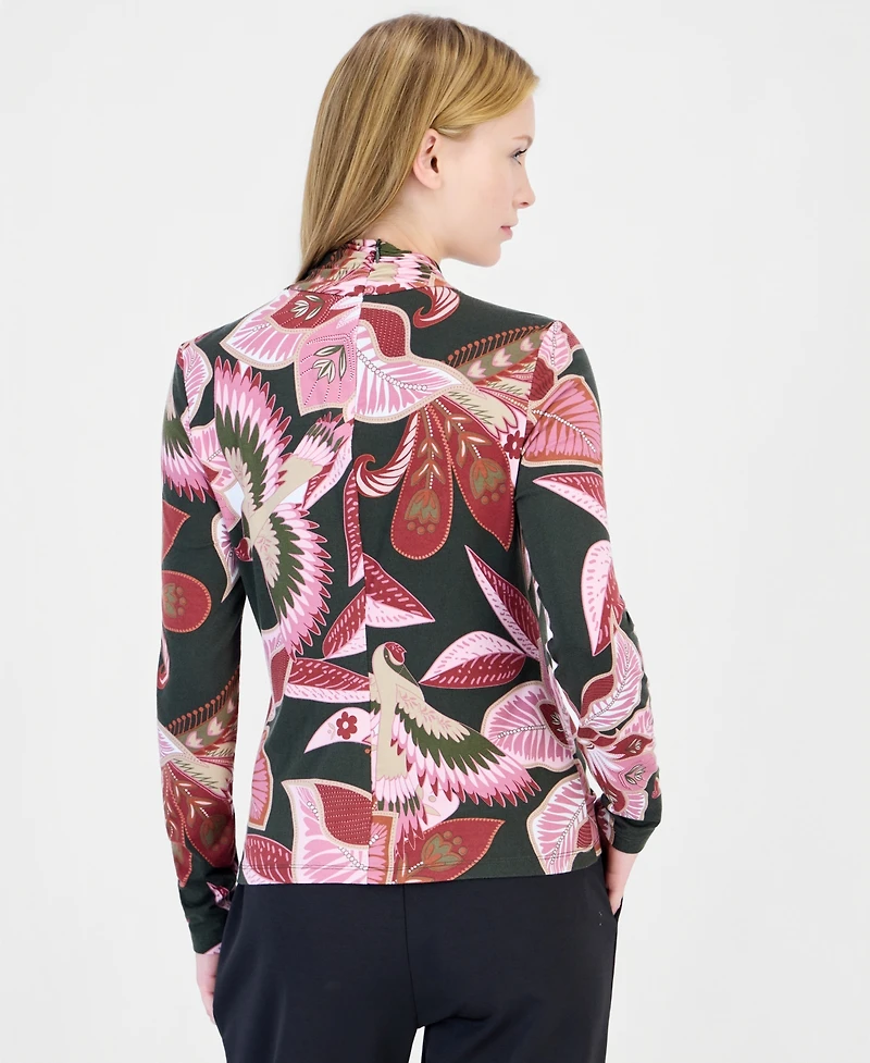 T Tahari Women's Long-Sleeve Mock-Neck Floral-Print Blouse