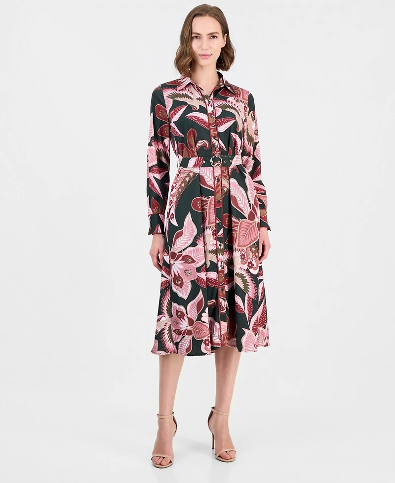 T Tahari Women's Floral Long-Sleeve Fit-and-Flare Midi Dress