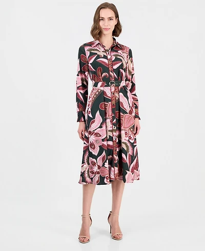 T Tahari Women's Floral Long-Sleeve Fit-and-Flare Midi Dress