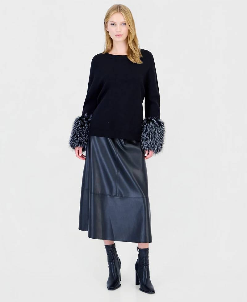 T Tahari Women's Long-Sleeve Crewneck Faux-Fur Trim Pullover
