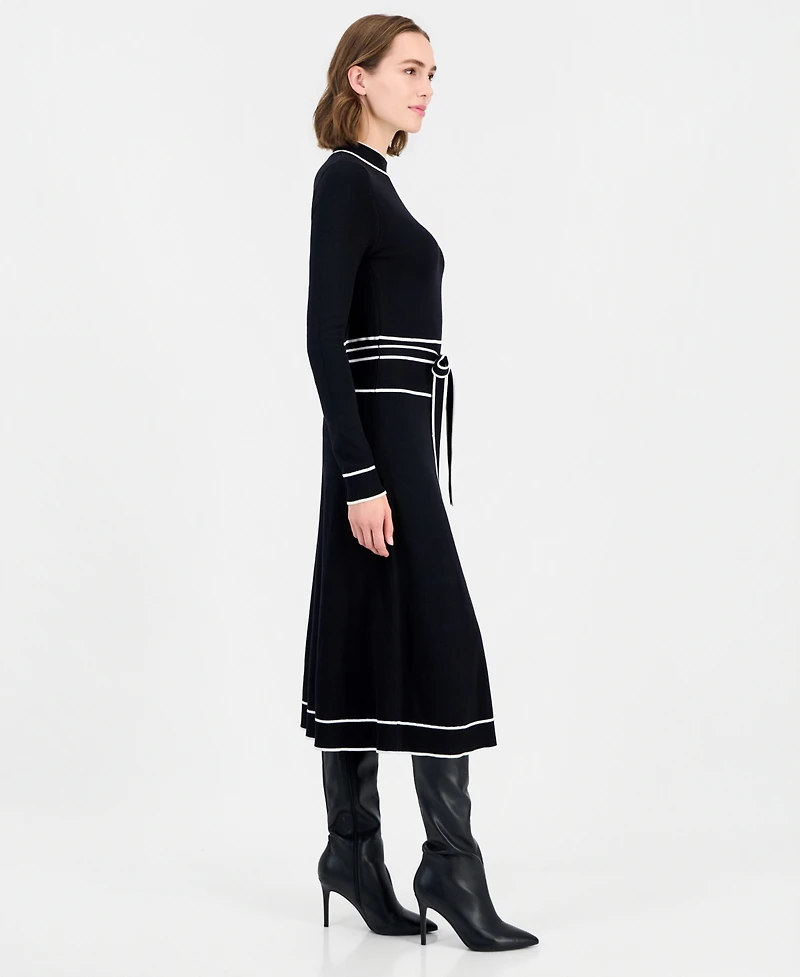 T Tahari Women's Long Sleeve Mock Neck Belted Dress