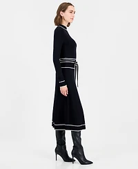 T Tahari Women's Long Sleeve Mock Neck Belted Dress