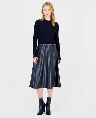 T Tahari Women's Long-Sleeve Mock Neck Midi Dress