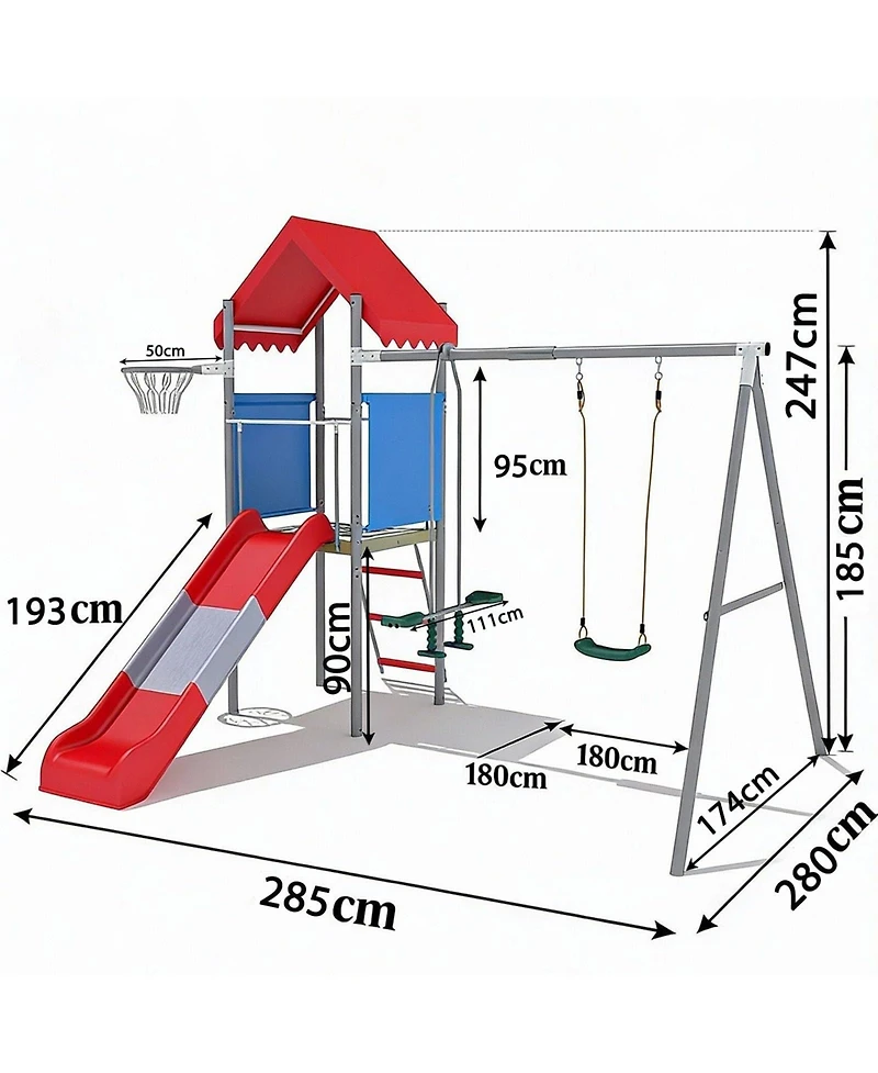 homfan 112 x 110 x 97 in Kids Outdoor Treehouse with Swing and Slides, Backyard Metal Frame Play Set for Children