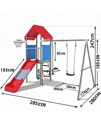 homfan 112 x 110 x 97 in Kids Outdoor Treehouse with Swing and Slides, Backyard Metal Frame Play Set for Children