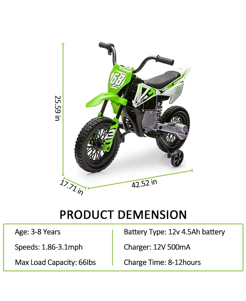 homfan 12V Kids Electric Dirt Bike - Dual 25W Motors, Twist Grip Throttle, Training Wheels, Spring Suspension, Ride On Toy for Ages 3
