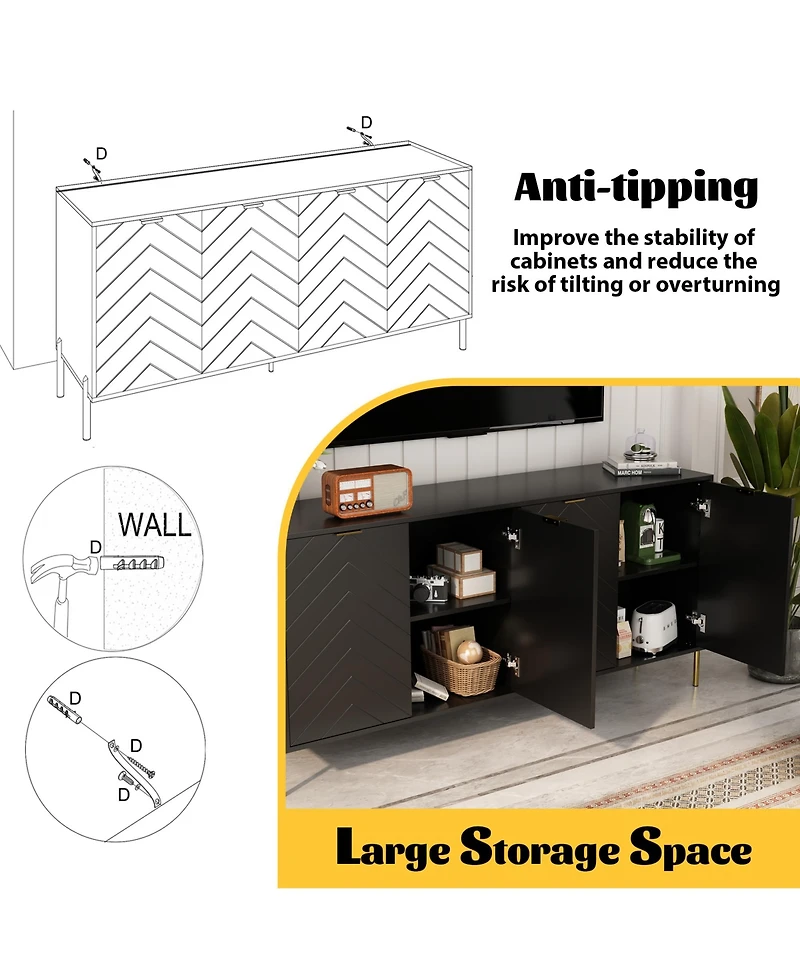 Clihome Storage Cabinet with 4 Doors, 63 Inch Monden Accent Adjustable Shelf, Free-Standing Sideboard