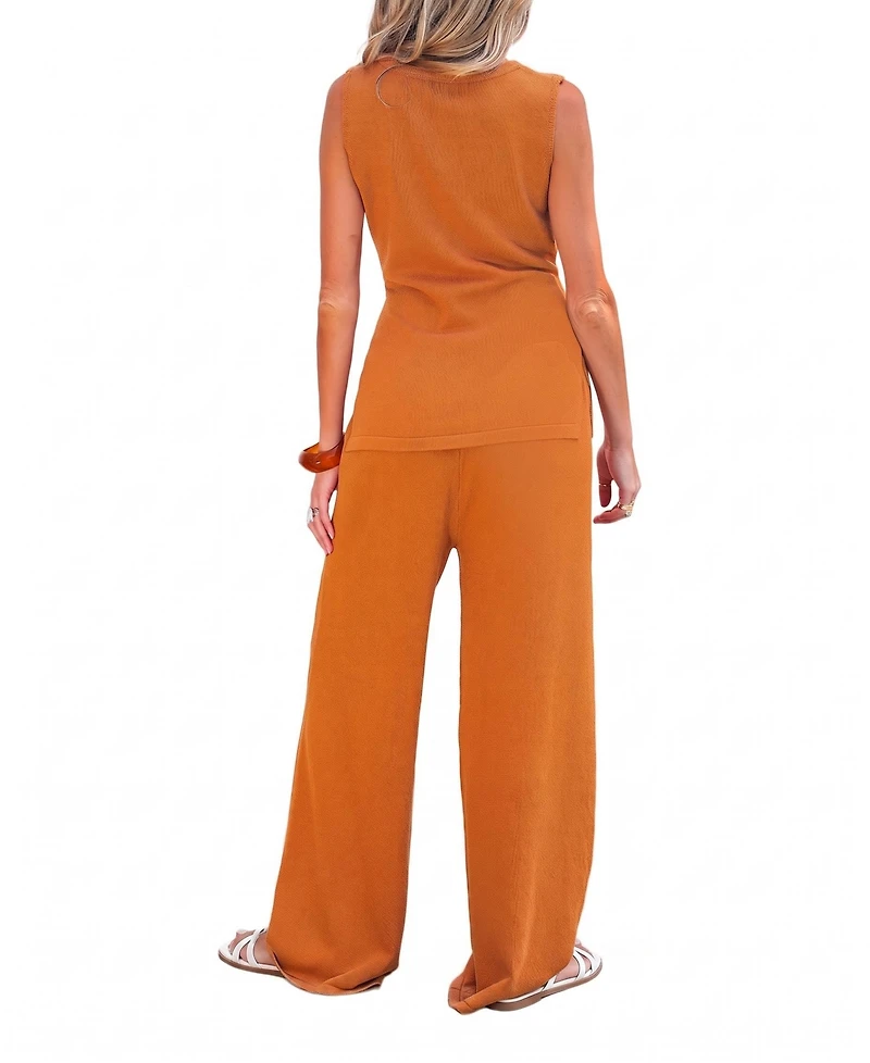 Cupshe Women's Ribbed Knit Belted Tank Top and Wide Leg Pants Matching Set