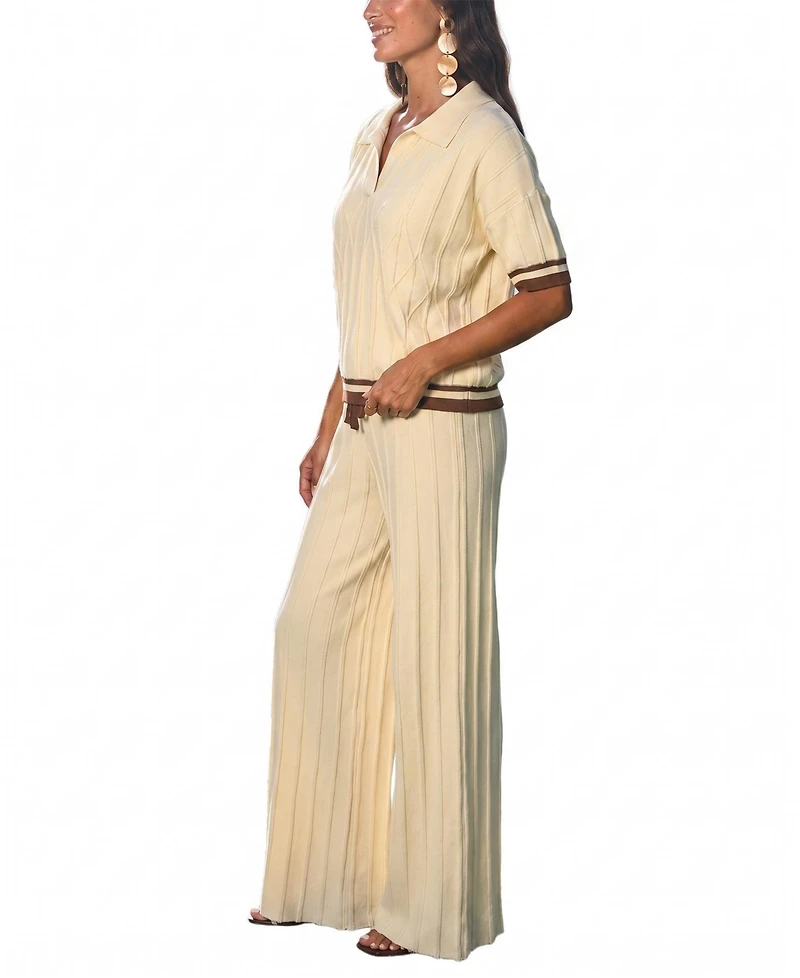 Cupshe Women's Cream Ribbed Knit Polo Top and Wide Leg Pants Matching Set