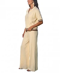 Cupshe Women's Cream Ribbed Knit Polo Top and Wide Leg Pants Matching Set