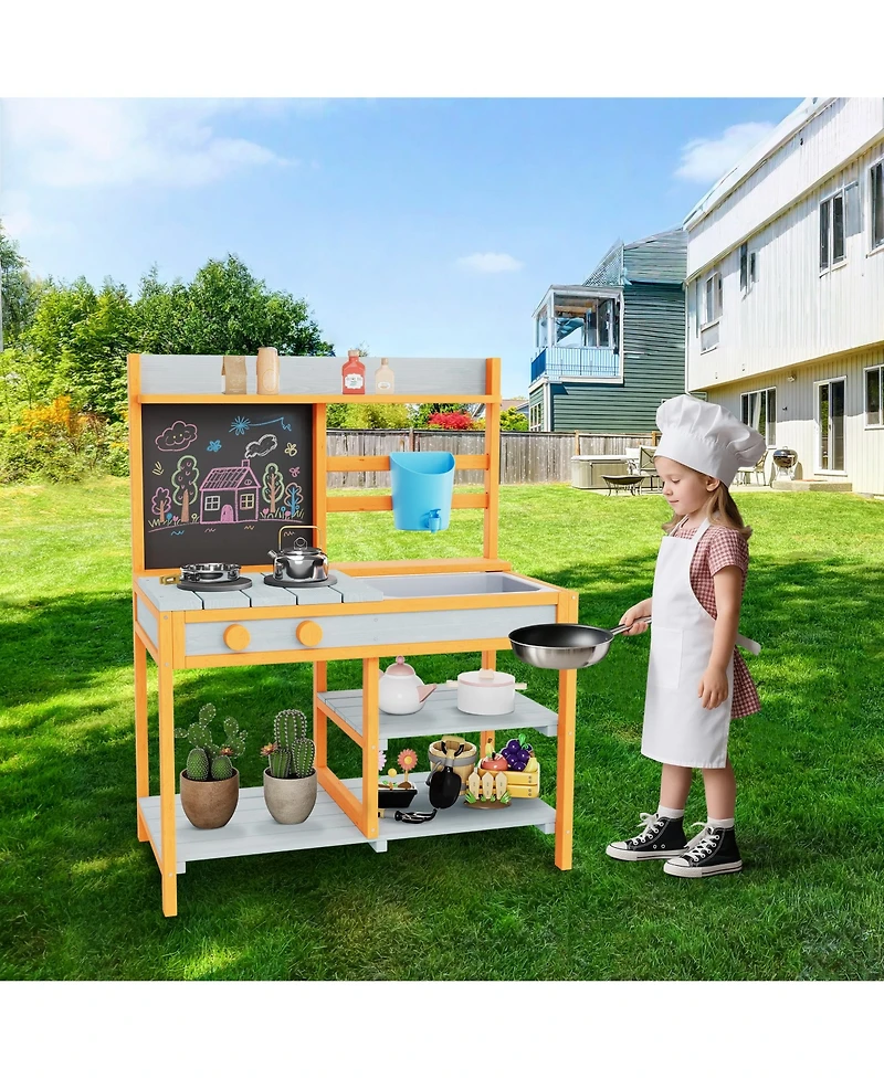homfan 28.7 x 16.1 x 36.2 Inch Outdoor Kids Play Kitchen, Fir Wood Pretend Cooking Toy Set for Backyard Garden, Ages 3-8