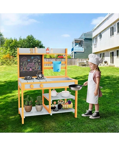 homfan 28.7 x 16.1 x 36.2 Inch Outdoor Kids Play Kitchen, Fir Wood Pretend Cooking Toy Set for Backyard Garden, Ages 3-8