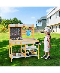 homfan 28.7 x 16.1 x 36.2 Inch Outdoor Kids Play Kitchen, Fir Wood Pretend Cooking Toy Set for Backyard Garden, Ages 3-8