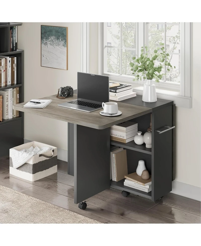 homfan Folding Dining Table with Storage Shelf, Drop Leaf Kitchen Table on Wheels, Space Saving Farmhouse Table for Small Spaces