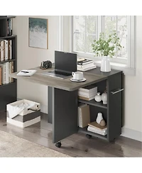 homfan Folding Dining Table with Storage Shelf, Drop Leaf Kitchen Table on Wheels, Space Saving Farmhouse Table for Small Spaces
