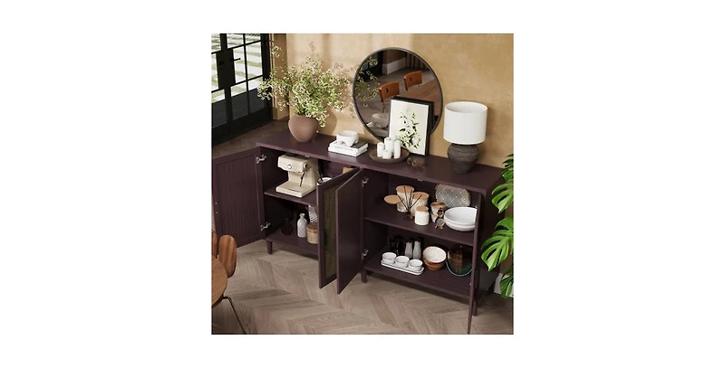 flynama 70 Inch Rattan Four-Door Sideboard Mdf Solid Wood Leg Adjustable Shelf Easy Assembly Home Storage Cabinet